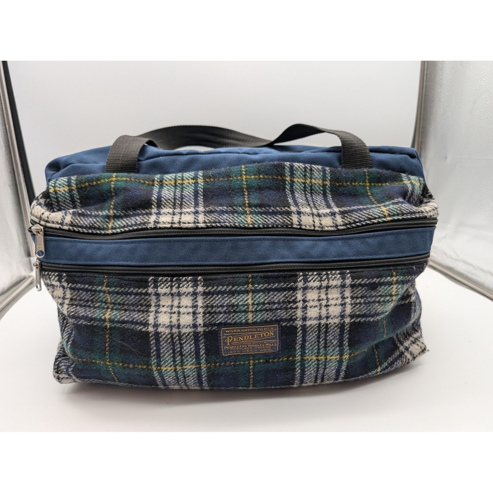 Pendleton Virgin Wool Plaid Duffle Bag Blue Green Tartan Canvas Travel Weekender